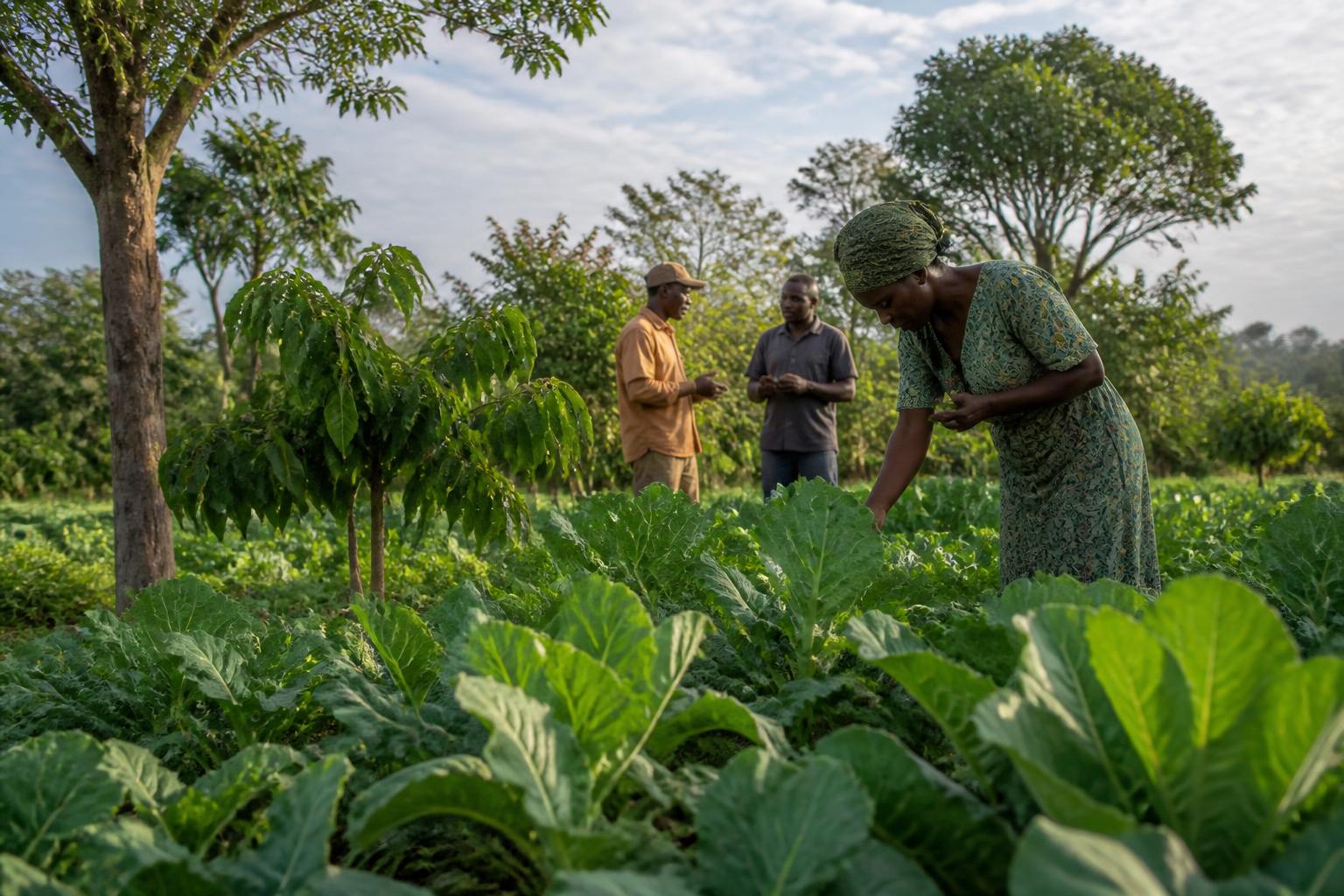 Tanzanian farmers caring for crops and trees in an agroforestry landscape