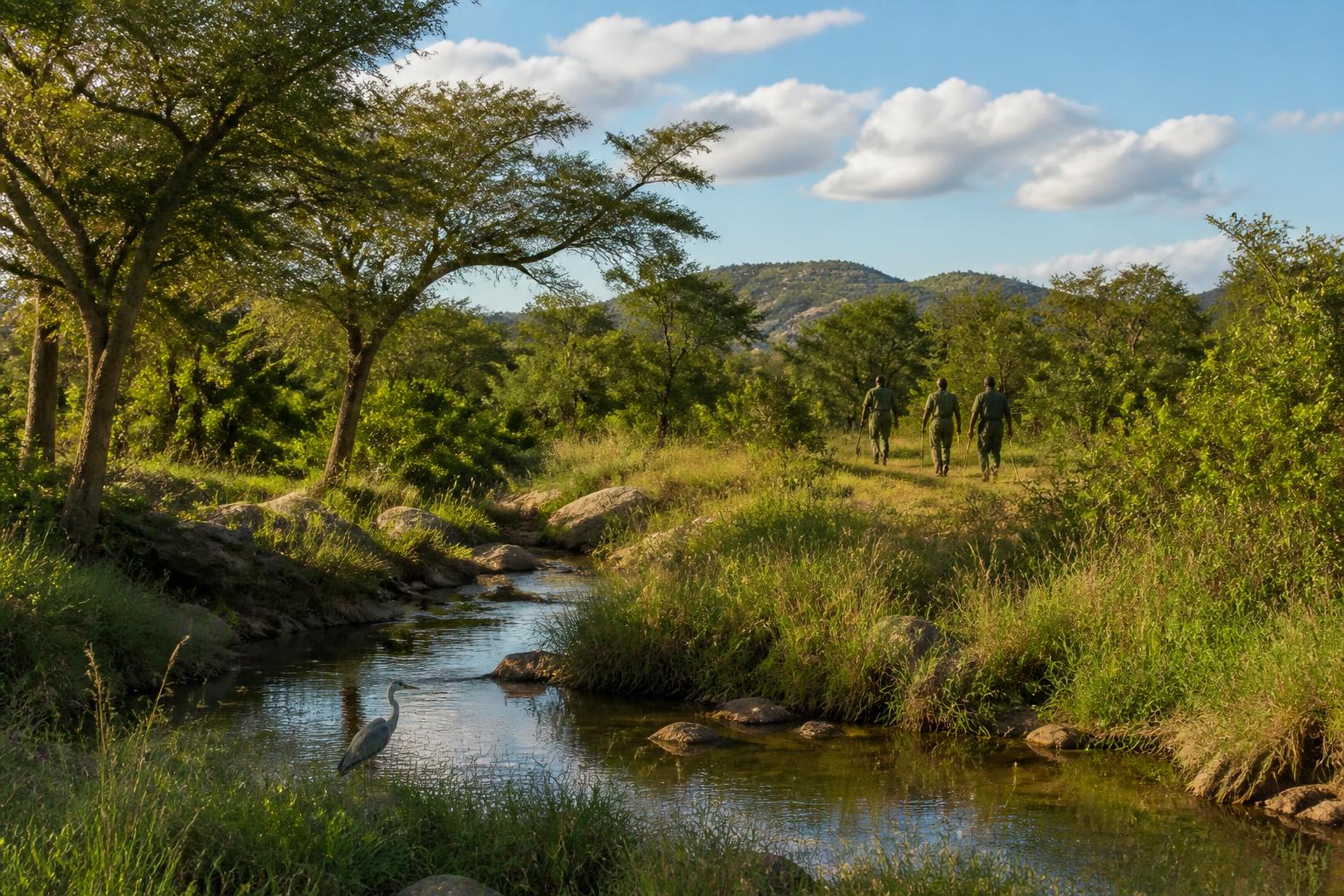 Conservation workers observing a restored Tanzanian ecosystem