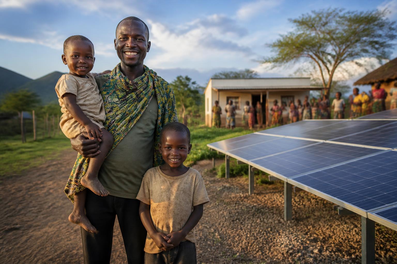 A Tanzanian family beside a community solar power installation