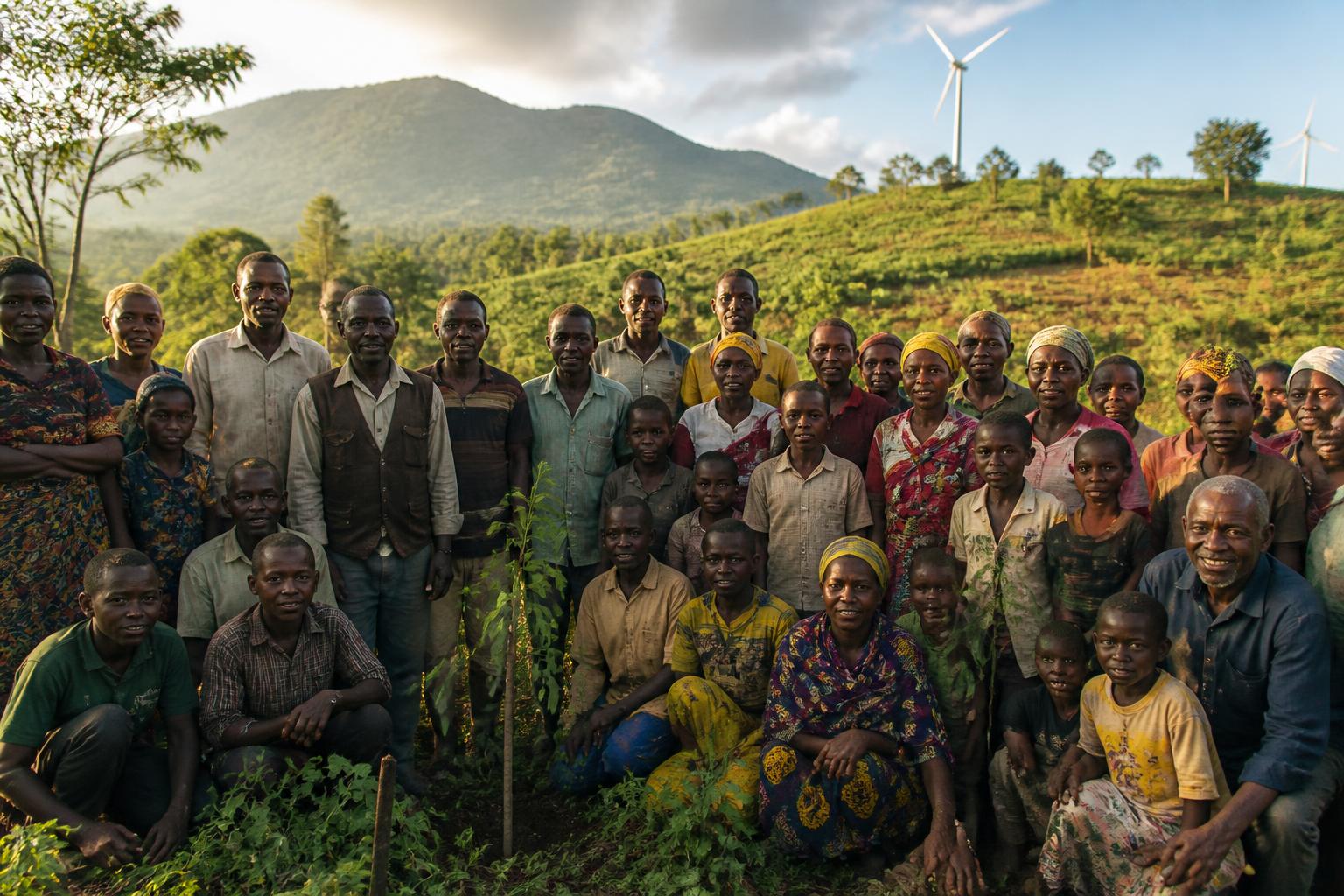 Tanzanian families and community members united in a restored green landscape